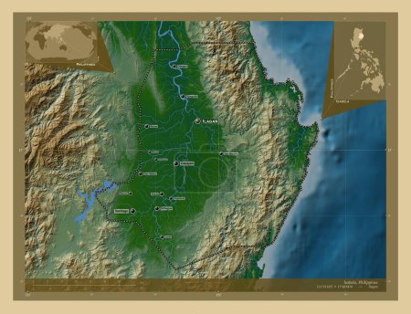 Photo for Isabela, province of Philippines. Colored elevation map with lakes and rivers. Locations and names of major cities of the region. Corner auxiliary location maps - Royalty Free Image