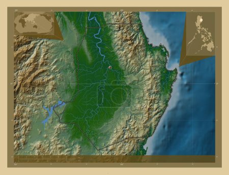 Téléchargez les photos : Isabela, province of Philippines. Colored elevation map with lakes and rivers. Corner auxiliary location maps - en image libre de droit