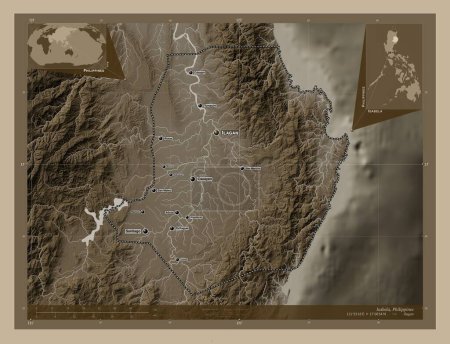 Photo for Isabela, province of Philippines. Elevation map colored in sepia tones with lakes and rivers. Locations and names of major cities of the region. Corner auxiliary location maps - Royalty Free Image
