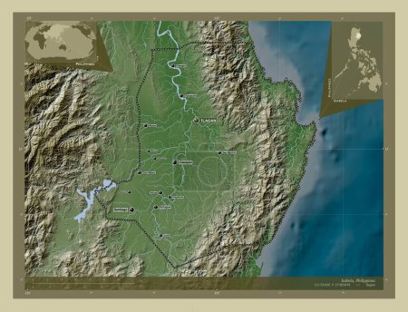 Foto de Isabela, province of Philippines. Elevation map colored in wiki style with lakes and rivers. Locations and names of major cities of the region. Corner auxiliary location maps - Imagen libre de derechos
