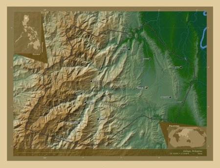Photo for Kalinga, province of Philippines. Colored elevation map with lakes and rivers. Locations and names of major cities of the region. Corner auxiliary location maps - Royalty Free Image