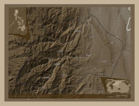 Photo for Kalinga, province of Philippines. Elevation map colored in sepia tones with lakes and rivers. Locations and names of major cities of the region. Corner auxiliary location maps - Royalty Free Image