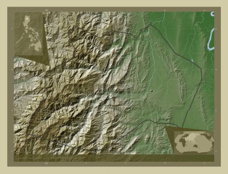 Téléchargez les photos : Kalinga, province of Philippines. Elevation map colored in wiki style with lakes and rivers. Corner auxiliary location maps - en image libre de droit