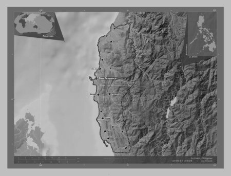 Téléchargez les photos : La Union, province of Philippines. Grayscale elevation map with lakes and rivers. Locations and names of major cities of the region. Corner auxiliary location maps - en image libre de droit