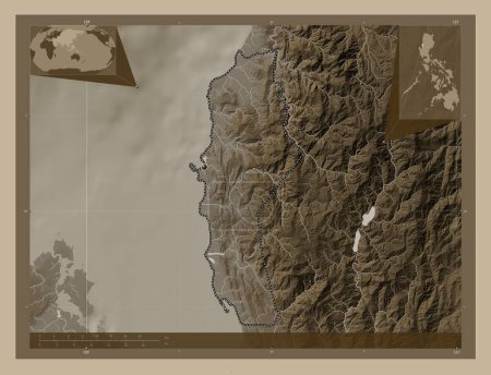 Photo for La Union, province of Philippines. Elevation map colored in sepia tones with lakes and rivers. Corner auxiliary location maps - Royalty Free Image