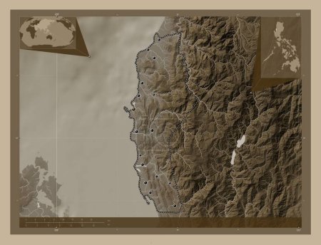 Photo for La Union, province of Philippines. Elevation map colored in sepia tones with lakes and rivers. Locations of major cities of the region. Corner auxiliary location maps - Royalty Free Image