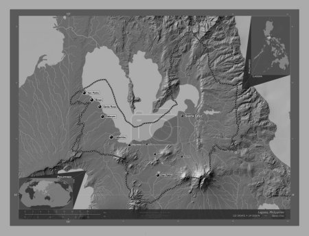 Photo for Laguna, province of Philippines. Bilevel elevation map with lakes and rivers. Locations and names of major cities of the region. Corner auxiliary location maps - Royalty Free Image