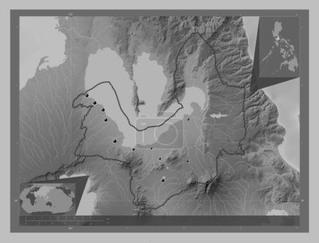Photo for Laguna, province of Philippines. Grayscale elevation map with lakes and rivers. Locations of major cities of the region. Corner auxiliary location maps - Royalty Free Image
