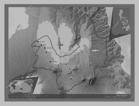 Photo for Laguna, province of Philippines. Grayscale elevation map with lakes and rivers. Locations and names of major cities of the region. Corner auxiliary location maps - Royalty Free Image