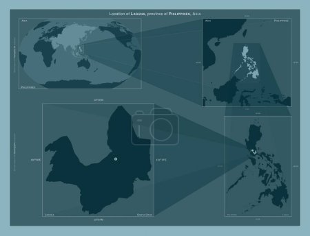 Photo for Laguna, province of Philippines. Diagram showing the location of the region on larger-scale maps. Composition of vector frames and PNG shapes on a solid background - Royalty Free Image