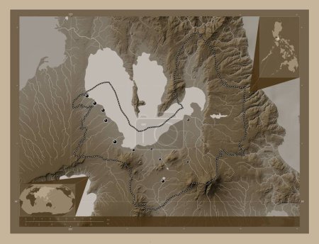 Photo for Laguna, province of Philippines. Elevation map colored in sepia tones with lakes and rivers. Locations of major cities of the region. Corner auxiliary location maps - Royalty Free Image