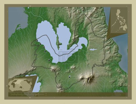 Foto de Laguna, province of Philippines. Elevation map colored in wiki style with lakes and rivers. Locations of major cities of the region. Corner auxiliary location maps - Imagen libre de derechos
