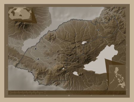 Téléchargez les photos : Lanao del Norte, province of Philippines. Elevation map colored in sepia tones with lakes and rivers. Locations of major cities of the region. Corner auxiliary location maps - en image libre de droit