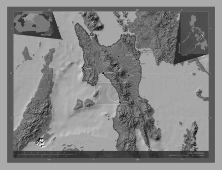 Foto de Leyte, province of Philippines. Bilevel elevation map with lakes and rivers. Locations and names of major cities of the region. Corner auxiliary location maps - Imagen libre de derechos