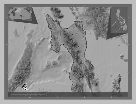 Foto de Leyte, province of Philippines. Grayscale elevation map with lakes and rivers. Locations of major cities of the region. Corner auxiliary location maps - Imagen libre de derechos