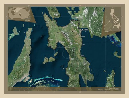 Foto de Leyte, province of Philippines. High resolution satellite map. Locations and names of major cities of the region. Corner auxiliary location maps - Imagen libre de derechos