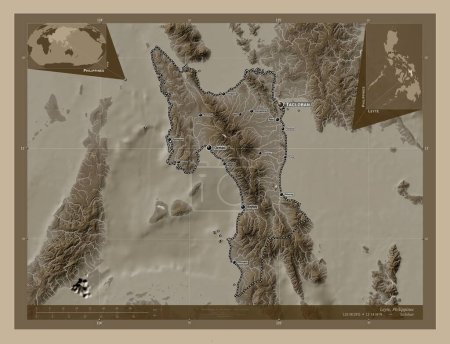 Foto de Leyte, province of Philippines. Elevation map colored in sepia tones with lakes and rivers. Locations and names of major cities of the region. Corner auxiliary location maps - Imagen libre de derechos