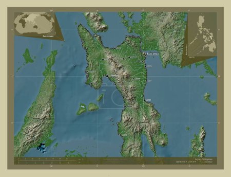 Foto de Leyte, province of Philippines. Elevation map colored in wiki style with lakes and rivers. Locations and names of major cities of the region. Corner auxiliary location maps - Imagen libre de derechos