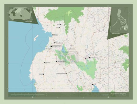 Téléchargez les photos : Maguindanao, province of Philippines. Open Street Map. Locations and names of major cities of the region. Corner auxiliary location maps - en image libre de droit