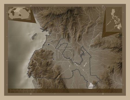 Téléchargez les photos : Maguindanao, province of Philippines. Elevation map colored in sepia tones with lakes and rivers. Locations of major cities of the region. Corner auxiliary location maps - en image libre de droit