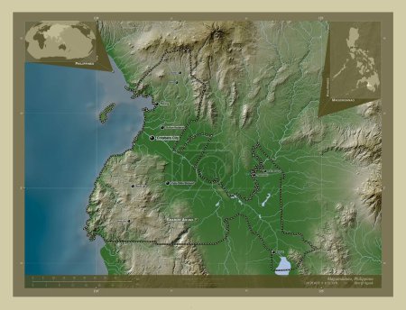 Photo for Maguindanao, province of Philippines. Elevation map colored in wiki style with lakes and rivers. Locations and names of major cities of the region. Corner auxiliary location maps - Royalty Free Image