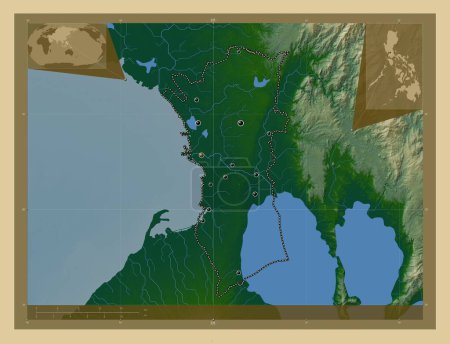 Téléchargez les photos : Metropolitan Manila, province of Philippines. Colored elevation map with lakes and rivers. Locations of major cities of the region. Corner auxiliary location maps - en image libre de droit