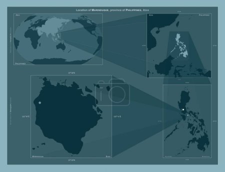 Téléchargez les photos : Marinduque, province of Philippines. Diagram showing the location of the region on larger-scale maps. Composition of vector frames and PNG shapes on a solid background - en image libre de droit