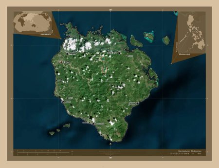 Foto de Marinduque, province of Philippines. Low resolution satellite map. Locations and names of major cities of the region. Corner auxiliary location maps - Imagen libre de derechos