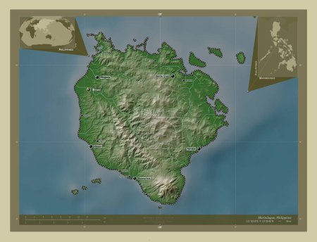 Foto de Marinduque, province of Philippines. Elevation map colored in wiki style with lakes and rivers. Locations and names of major cities of the region. Corner auxiliary location maps - Imagen libre de derechos