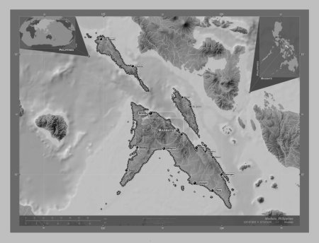Téléchargez les photos : Masbate, province of Philippines. Grayscale elevation map with lakes and rivers. Locations and names of major cities of the region. Corner auxiliary location maps - en image libre de droit
