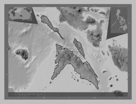 Téléchargez les photos : Masbate, province of Philippines. Grayscale elevation map with lakes and rivers. Locations of major cities of the region. Corner auxiliary location maps - en image libre de droit