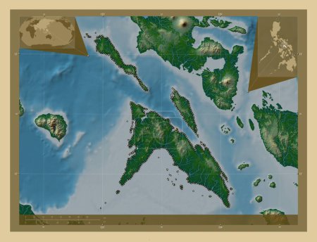 Téléchargez les photos : Masbate, province of Philippines. Colored elevation map with lakes and rivers. Corner auxiliary location maps - en image libre de droit