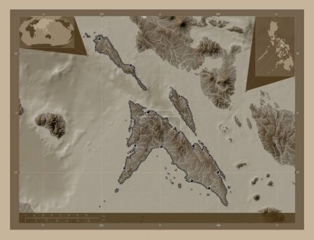 Téléchargez les photos : Masbate, province of Philippines. Elevation map colored in sepia tones with lakes and rivers. Locations of major cities of the region. Corner auxiliary location maps - en image libre de droit