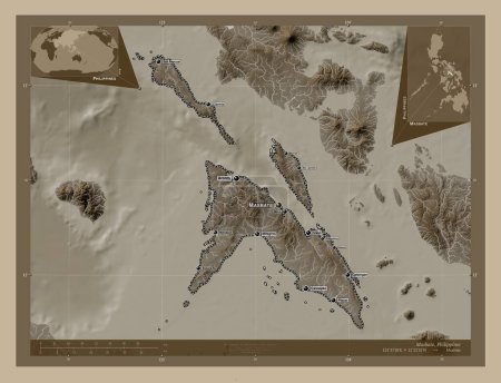 Téléchargez les photos : Masbate, province of Philippines. Elevation map colored in sepia tones with lakes and rivers. Locations and names of major cities of the region. Corner auxiliary location maps - en image libre de droit