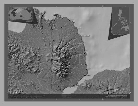 Téléchargez les photos : Misamis Occidental, province of Philippines. Bilevel elevation map with lakes and rivers. Locations and names of major cities of the region. Corner auxiliary location maps - en image libre de droit