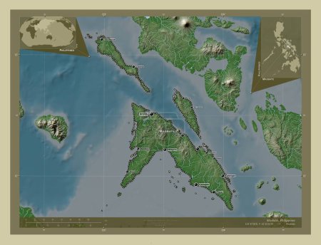 Téléchargez les photos : Masbate, province of Philippines. Elevation map colored in wiki style with lakes and rivers. Locations and names of major cities of the region. Corner auxiliary location maps - en image libre de droit