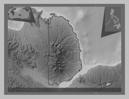 Téléchargez les photos : Misamis Occidental, province of Philippines. Grayscale elevation map with lakes and rivers. Locations of major cities of the region. Corner auxiliary location maps - en image libre de droit