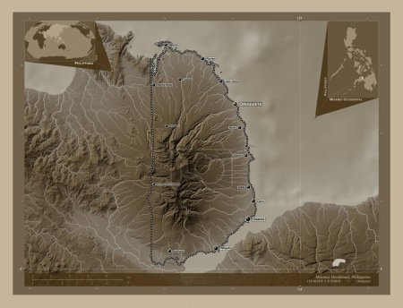 Téléchargez les photos : Misamis Occidental, province of Philippines. Elevation map colored in sepia tones with lakes and rivers. Locations and names of major cities of the region. Corner auxiliary location maps - en image libre de droit