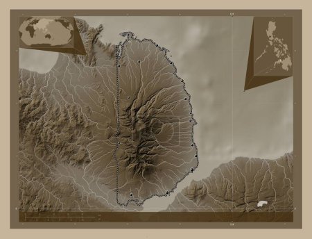 Téléchargez les photos : Misamis Occidental, province of Philippines. Elevation map colored in sepia tones with lakes and rivers. Locations of major cities of the region. Corner auxiliary location maps - en image libre de droit
