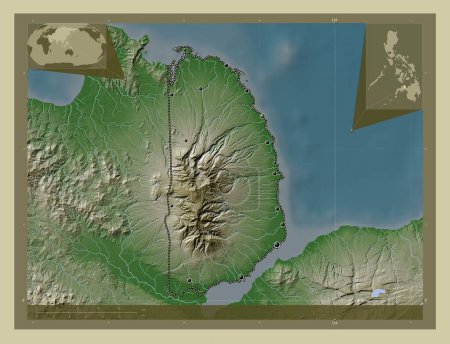 Téléchargez les photos : Misamis Occidental, province of Philippines. Elevation map colored in wiki style with lakes and rivers. Locations of major cities of the region. Corner auxiliary location maps - en image libre de droit