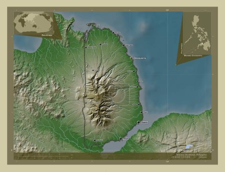 Téléchargez les photos : Misamis Occidental, province of Philippines. Elevation map colored in wiki style with lakes and rivers. Locations and names of major cities of the region. Corner auxiliary location maps - en image libre de droit