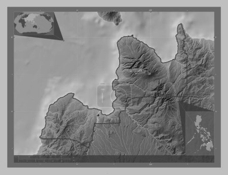 Téléchargez les photos : Misamis Oriental, province of Philippines. Grayscale elevation map with lakes and rivers. Corner auxiliary location maps - en image libre de droit