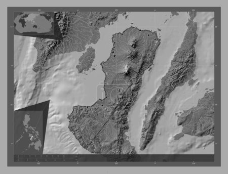 Photo for Negros Occidental, province of Philippines. Bilevel elevation map with lakes and rivers. Locations of major cities of the region. Corner auxiliary location maps - Royalty Free Image