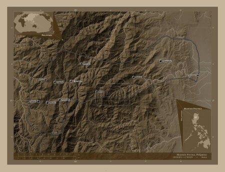 Téléchargez les photos : Mountain Province, province of Philippines. Elevation map colored in sepia tones with lakes and rivers. Locations and names of major cities of the region. Corner auxiliary location maps - en image libre de droit