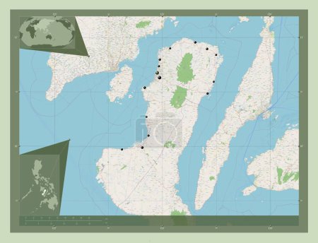 Téléchargez les photos : Negros Occidental, province of Philippines. Open Street Map. Locations of major cities of the region. Corner auxiliary location maps - en image libre de droit