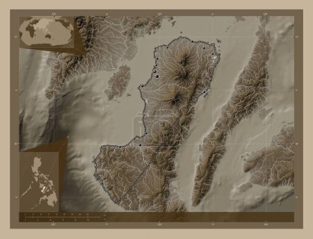Photo for Negros Occidental, province of Philippines. Elevation map colored in sepia tones with lakes and rivers. Locations of major cities of the region. Corner auxiliary location maps - Royalty Free Image