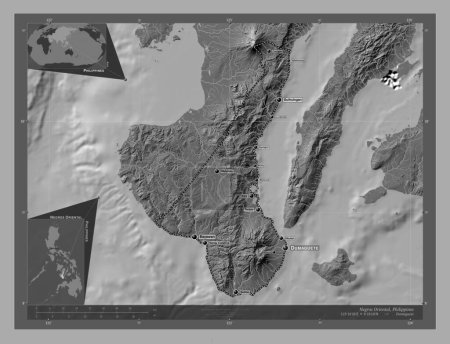 Photo for Negros Oriental, province of Philippines. Bilevel elevation map with lakes and rivers. Locations and names of major cities of the region. Corner auxiliary location maps - Royalty Free Image