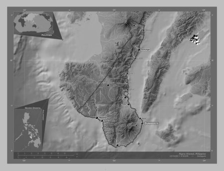 Téléchargez les photos : Negros Oriental, province of Philippines. Grayscale elevation map with lakes and rivers. Locations and names of major cities of the region. Corner auxiliary location maps - en image libre de droit