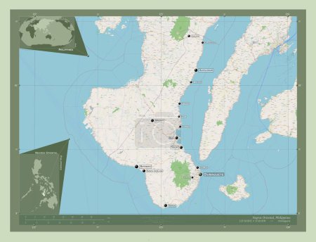 Foto de Negros Oriental, province of Philippines. Open Street Map. Locations and names of major cities of the region. Corner auxiliary location maps - Imagen libre de derechos