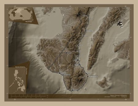 Téléchargez les photos : Negros Oriental, province of Philippines. Elevation map colored in sepia tones with lakes and rivers. Locations and names of major cities of the region. Corner auxiliary location maps - en image libre de droit